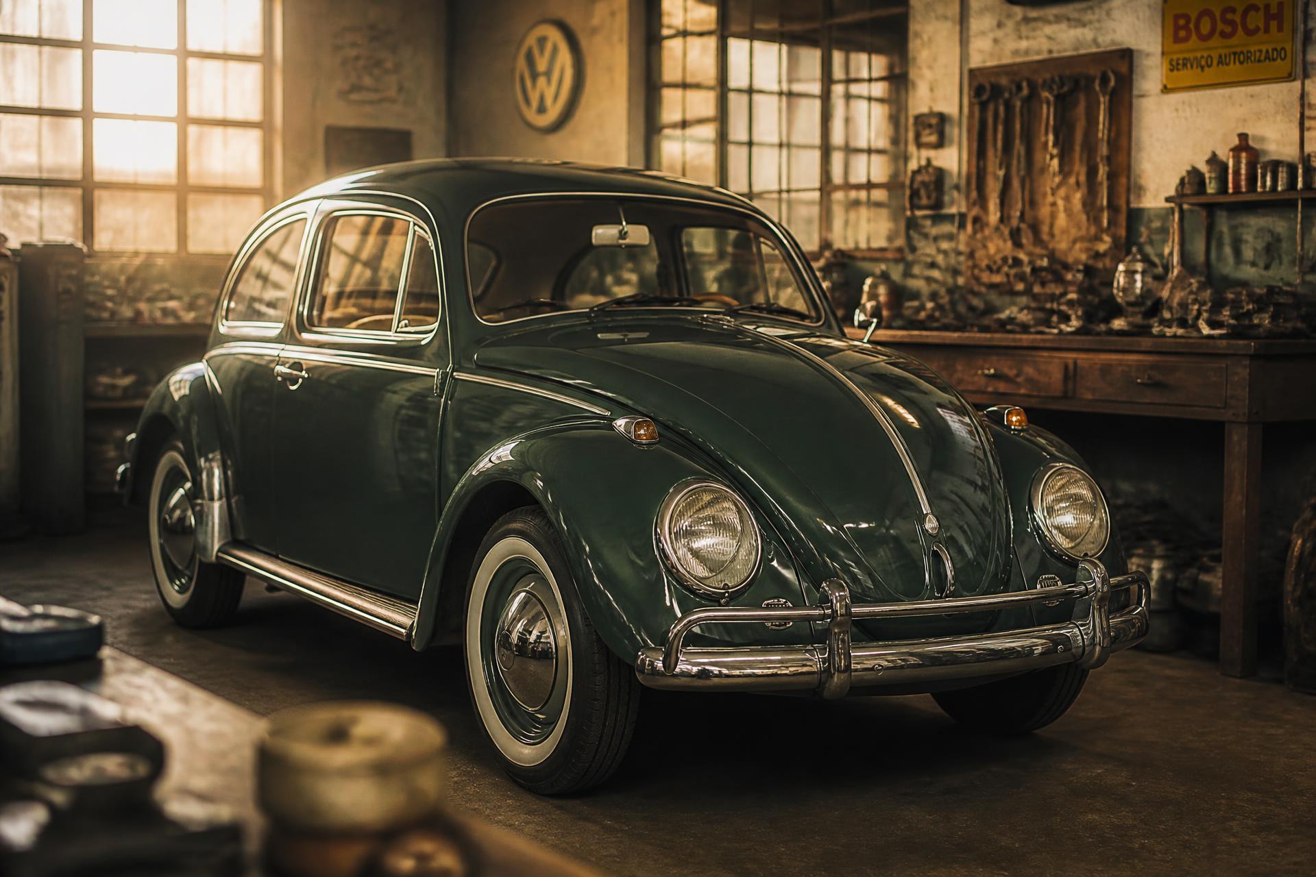 Fusca verde clássico restaurado em oficina vintage